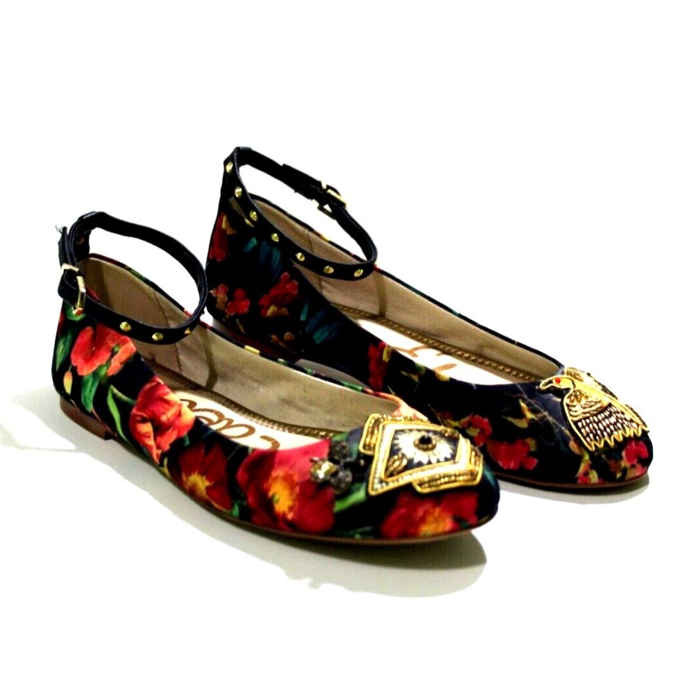 Sam Edelman Ferrera 2 Women Floral Multi Color Ankle Strap Birds Flats Size 8.5